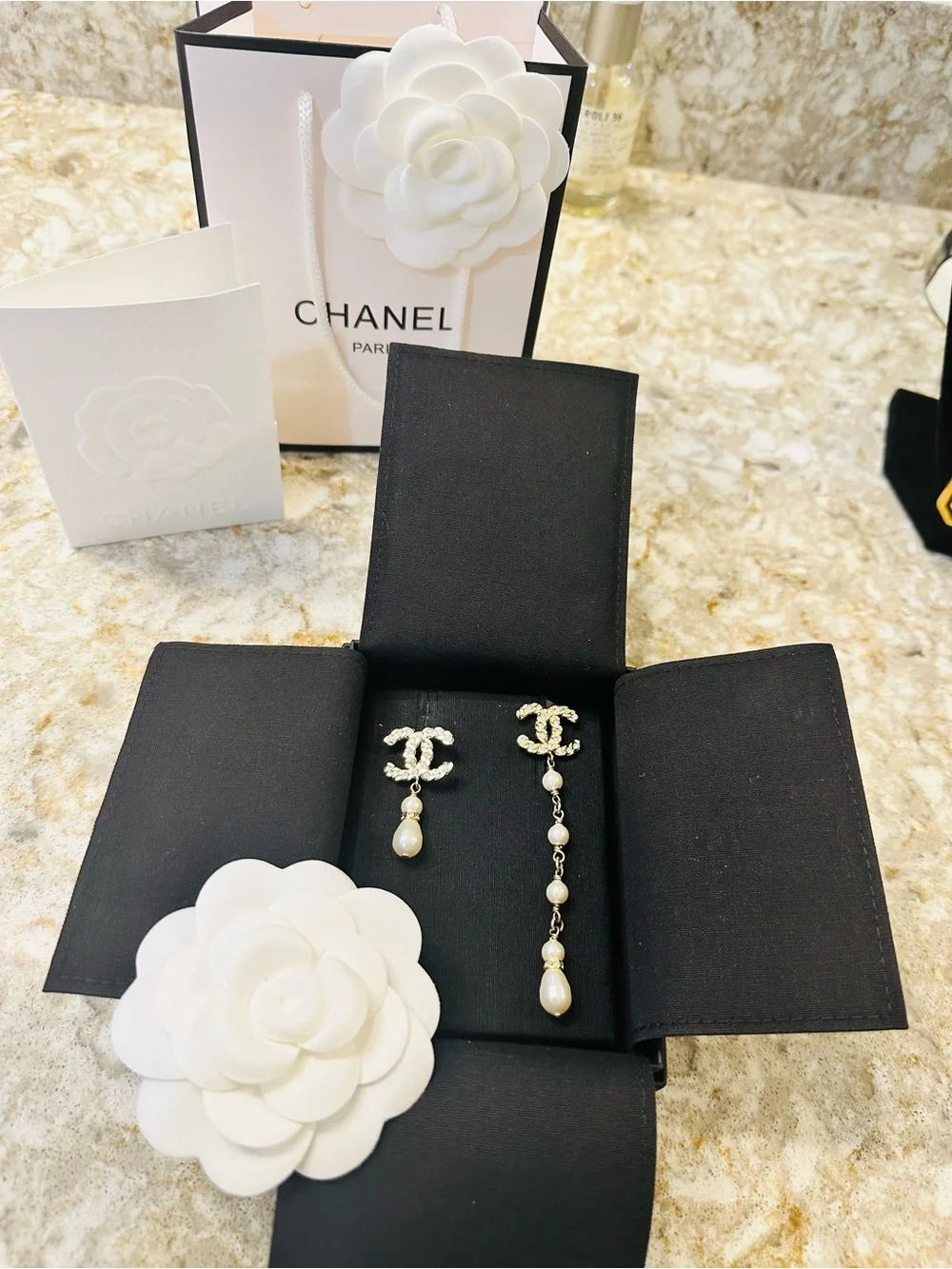 CHANEL Gold-Tone Pearl Drop Asymmetric CC Logo Earrings